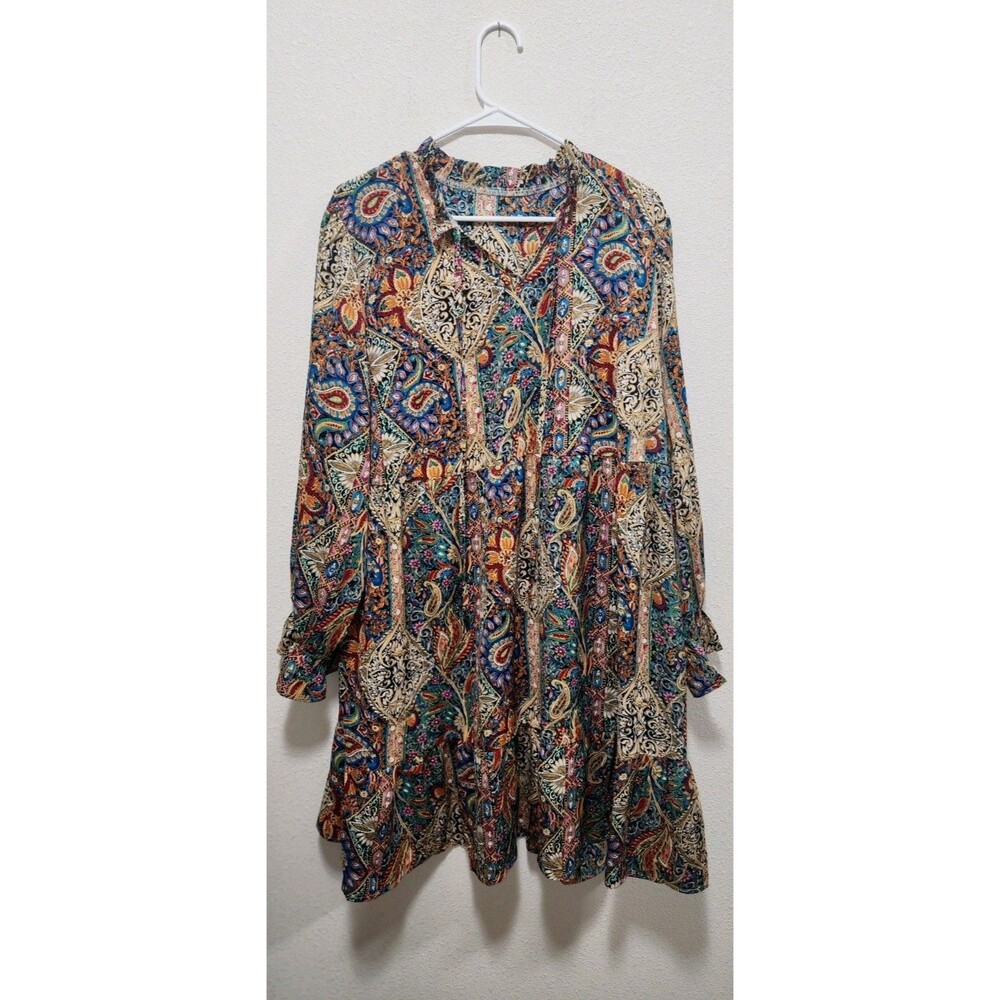 Unbranded Midi Longleeve Multicolored Paisley Boho Hippie Shirt Dress 2XL